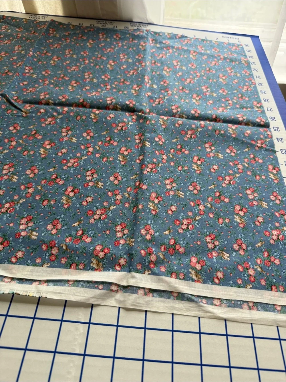 Vintage Cranston VIP Fabric Blue Floral Birds Cotton 3/4+ Yard x 42